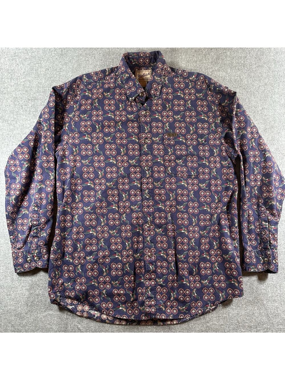 Woolrich Original Outdoorwear Blue Duck Print Design Cotton Button-Up Men's L